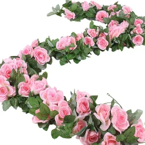16 FT Fake Rose Vine Garland Artificial Flowers Plants Hanging Rose Ivy Home Hotel Office Wedding Party Garden Décor (Pink/2PCS)