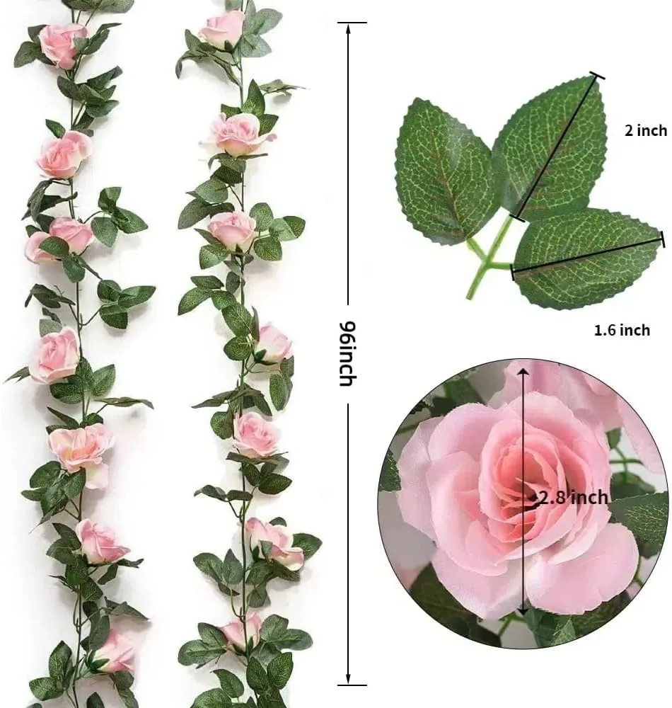 16 FT Fake Rose Vine Garland Artificial Flowers Plants Hanging Rose Ivy Home Hotel Office Wedding Party Garden Décor (Pink/2PCS)