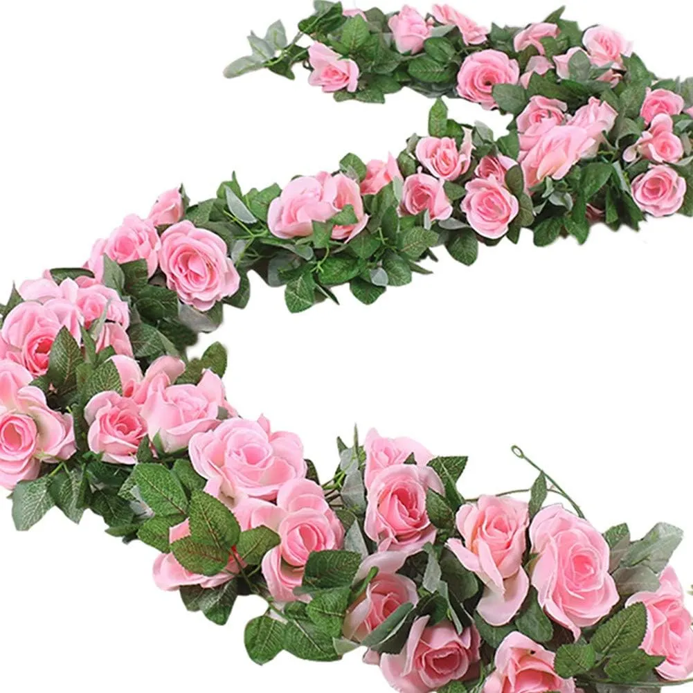 16 FT Fake Rose Vine Garland Artificial Flowers Plants Hanging Rose Ivy Home Hotel Office Wedding Party Garden Décor (Pink/2PCS)