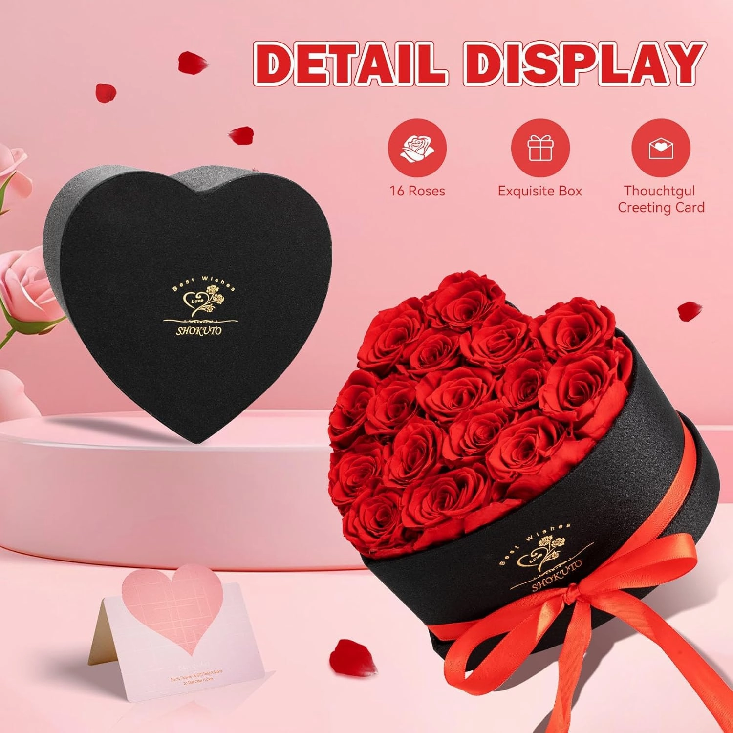 16-Piece Forever Roses in Heart Box,Preserved Rose Flowers,Birthday Gifts for Women Her Mothers Wife,100% Real Roses Last for 3 Years.Eternal Rose Gift Box for Valentines Christmas Mother's Day