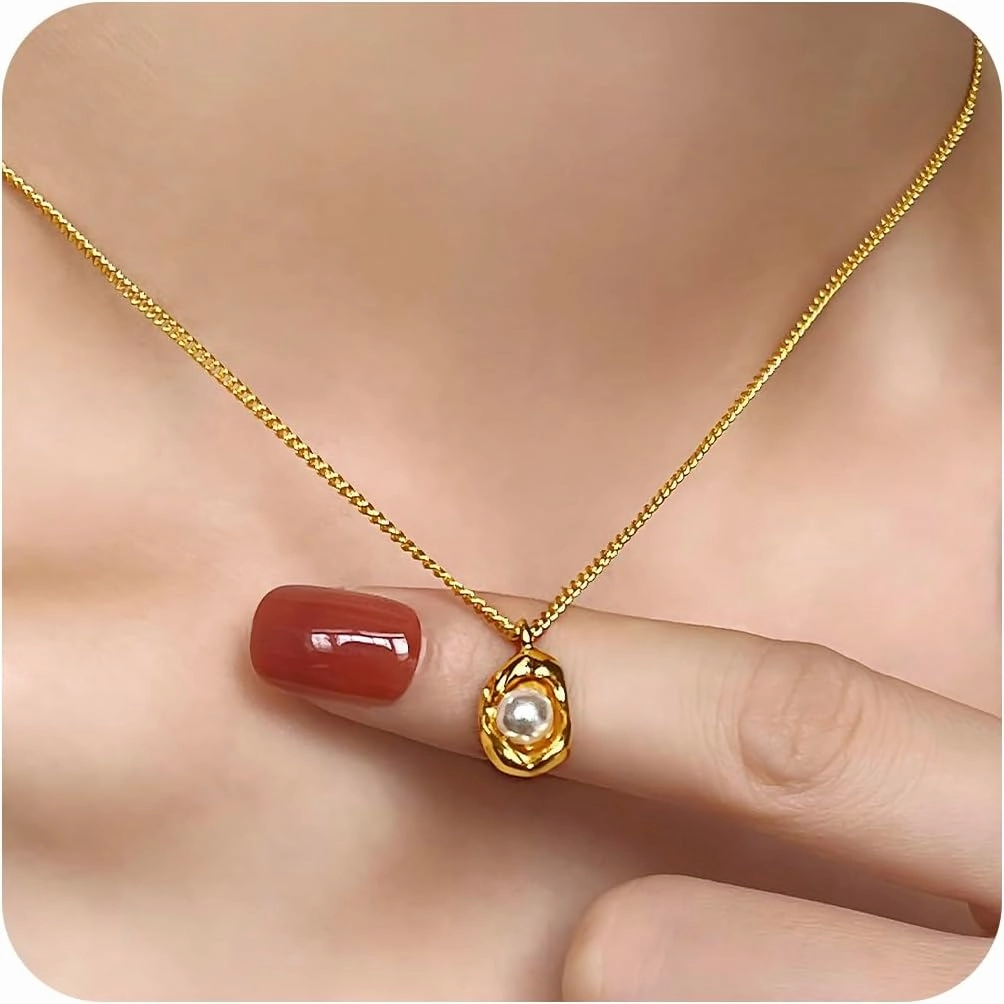 18K Gold Plated Pearl Pendant Necklace, Stainless Steel Gold Nugget Necklace with Freshwater Pearl, White Fritillaria - Trendy Jewelry