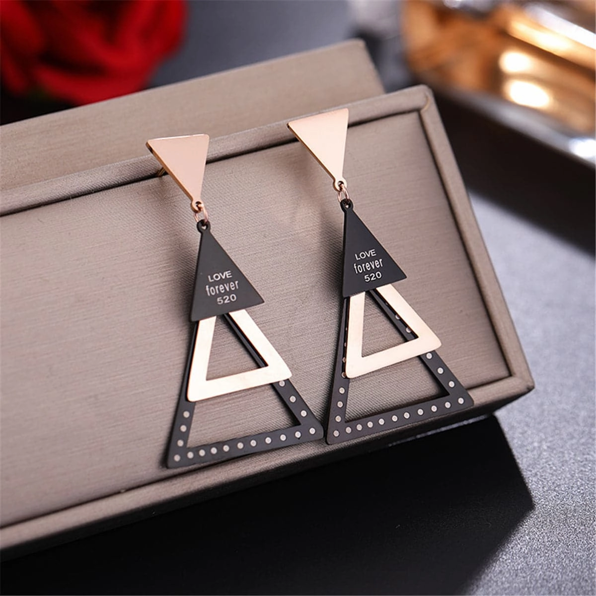 18K Rose Gold-Plated Triple Triangle Drop Earring