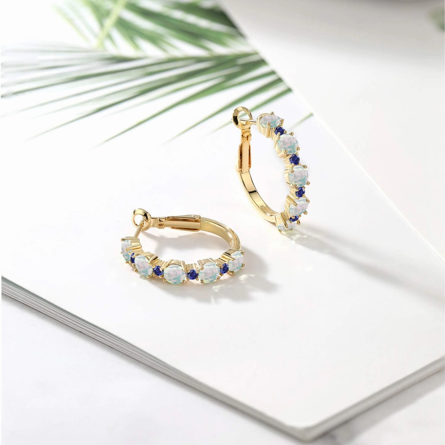 18K Yellow Gold Plated Silver Gemstone Birthstone and Blue Created Sapphire Hoop Earrings for Women | Round Cut 4MM and 1.9MM | 1 Inch Diameter Hoops | Fine Jewelry for Her Mom Wife Women