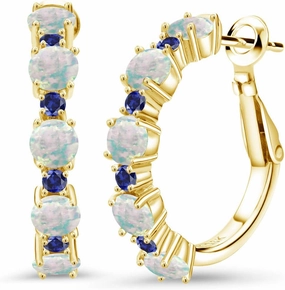 18K Yellow Gold Plated Silver Gemstone Birthstone and Blue Created Sapphire Hoop Earrings for Women | Round Cut 4MM and 1.9MM | 1 Inch Diameter Hoops | Fine Jewelry for Her Mom Wife Women