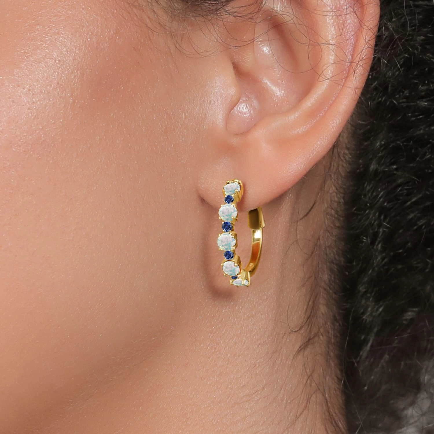 18K Yellow Gold Plated Silver Gemstone Birthstone and Blue Created Sapphire Hoop Earrings for Women | Round Cut 4MM and 1.9MM | 1 Inch Diameter Hoops | Fine Jewelry for Her Mom Wife Women