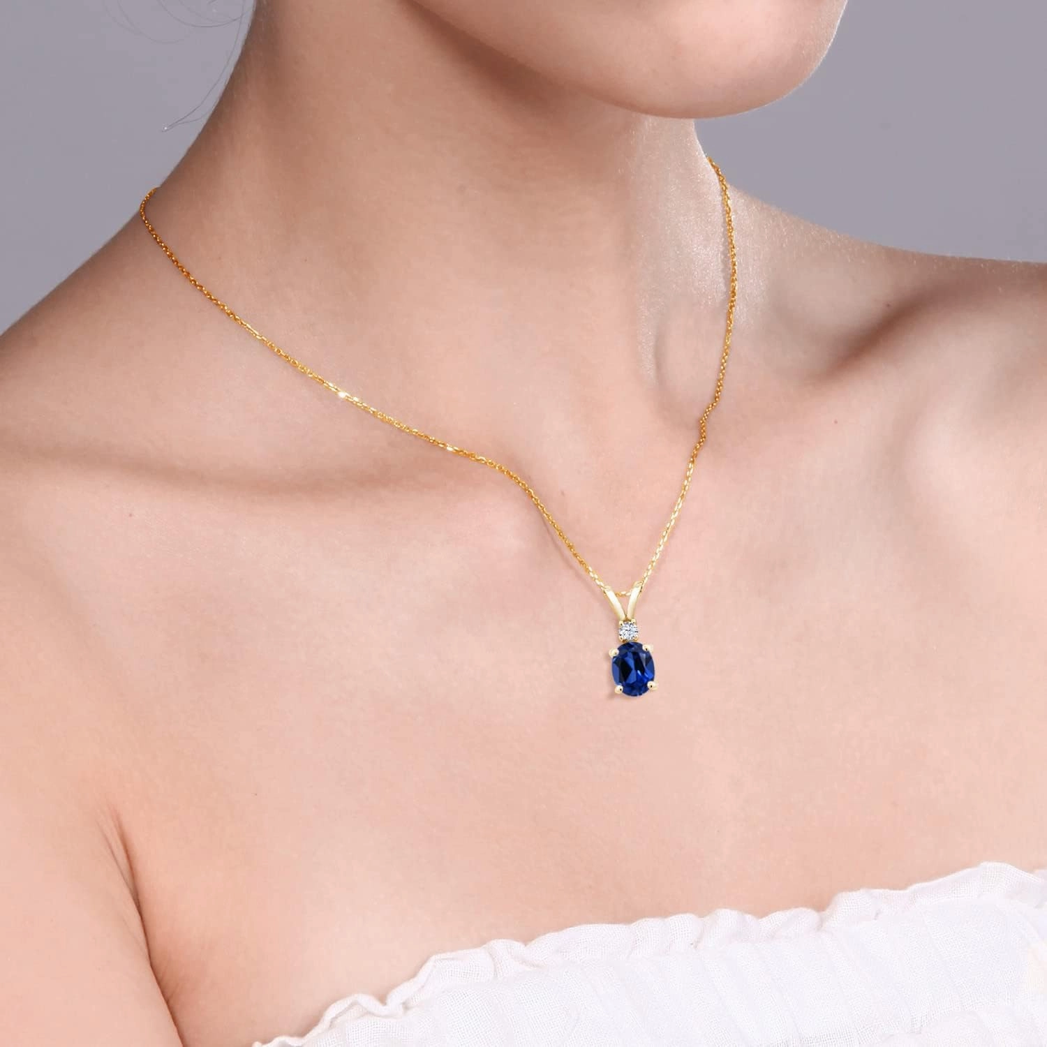 18K Yellow Gold Plated Silver Gemstone Birthstone and Created Sapphire Pendant Necklace for Women | 8X6MM Oval Center Stone & 2.5MM Round Accent | Fine Jewelry Gifts for Her Mom Wife | 18 Inch Chain