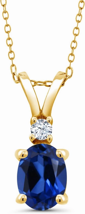 18K Yellow Gold Plated Silver Gemstone Birthstone and Created Sapphire Pendant Necklace for Women | 8X6MM Oval Center Stone & 2.5MM Round Accent | Fine Jewelry Gifts for Her Mom Wife | 18 Inch Chain