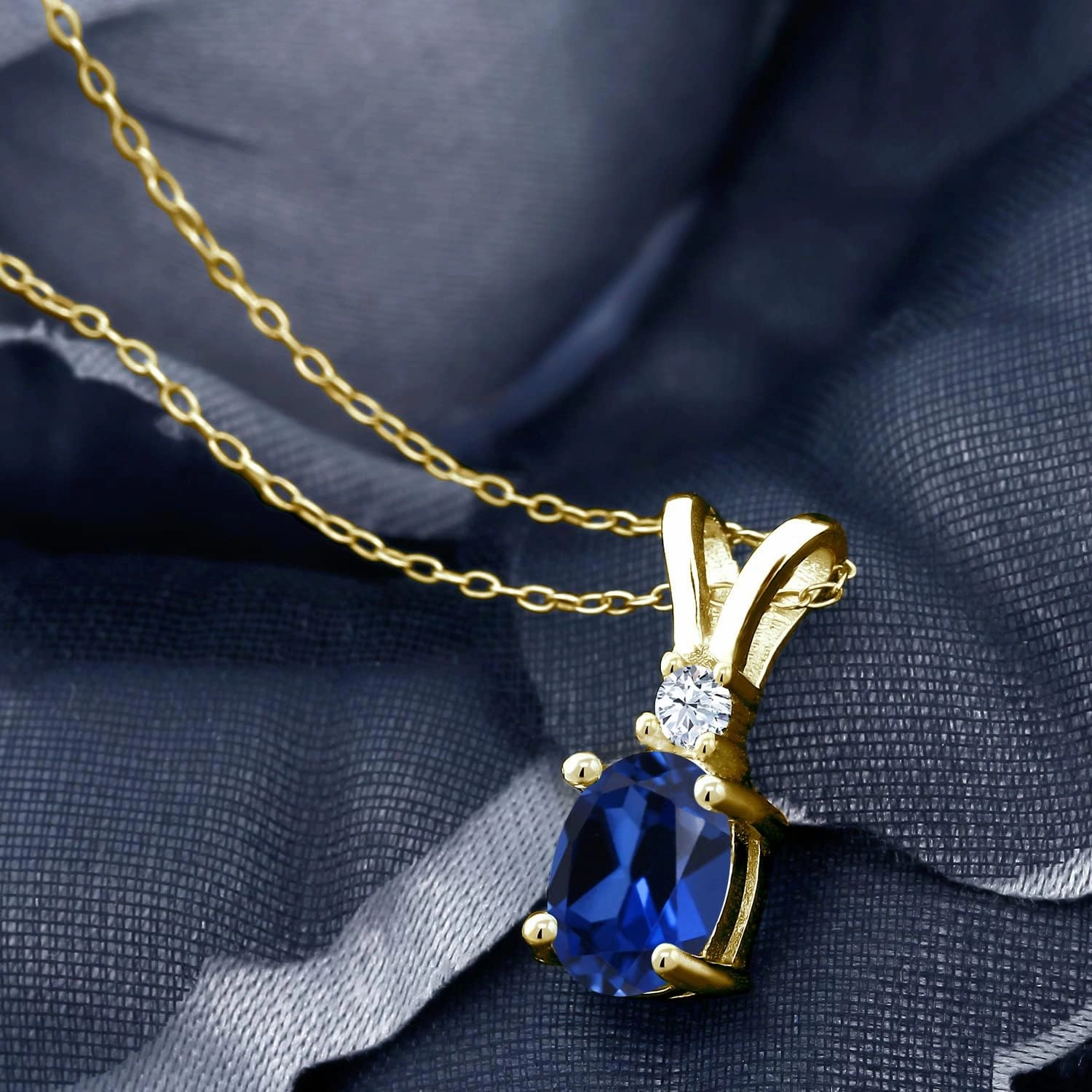 18K Yellow Gold Plated Silver Gemstone Birthstone and Created Sapphire Pendant Necklace for Women | 8X6MM Oval Center Stone & 2.5MM Round Accent | Fine Jewelry Gifts for Her Mom Wife | 18 Inch Chain