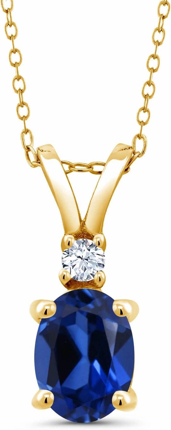 18K Yellow Gold Plated Silver Gemstone Birthstone and Created Sapphire Pendant Necklace for Women | 8X6MM Oval Center Stone & 2.5MM Round Accent | Fine Jewelry Gifts for Her Mom Wife | 18 Inch Chain
