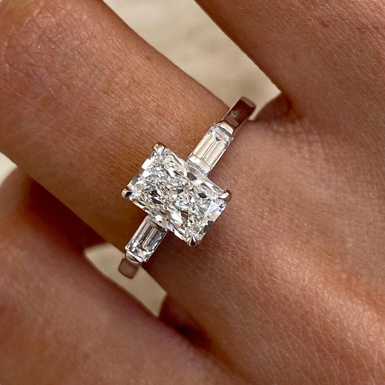 1.0 CT Radiant Moissanite Engagement Ring with Three Stone Design