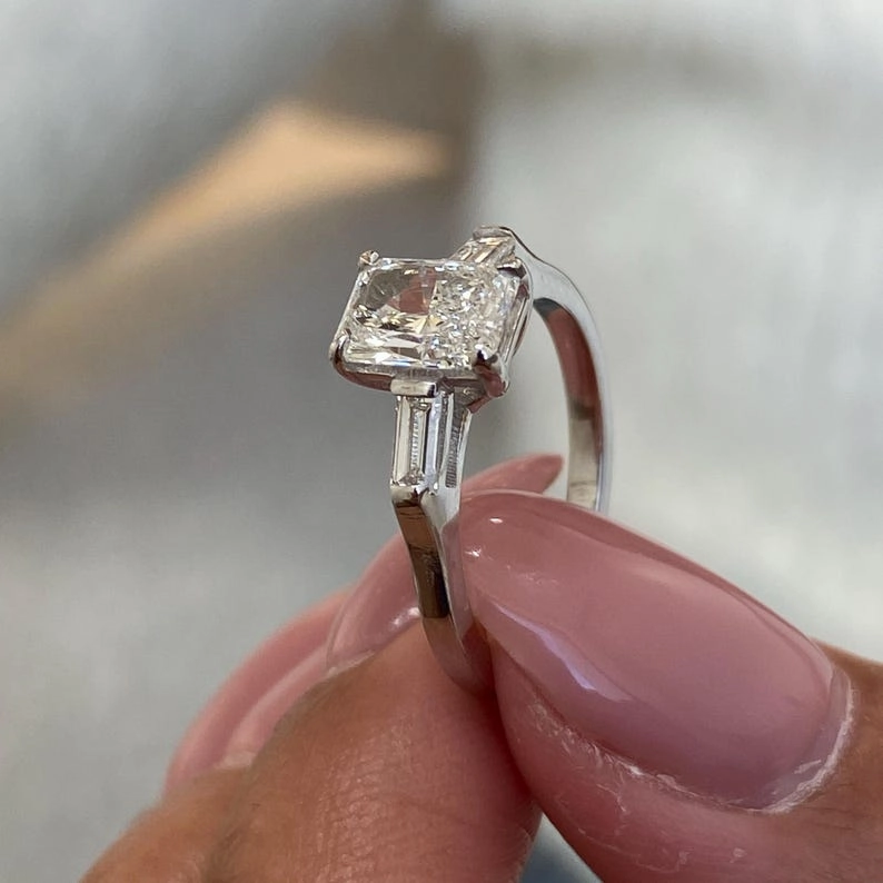 1.0 CT Radiant Moissanite Engagement Ring with Three Stone Design