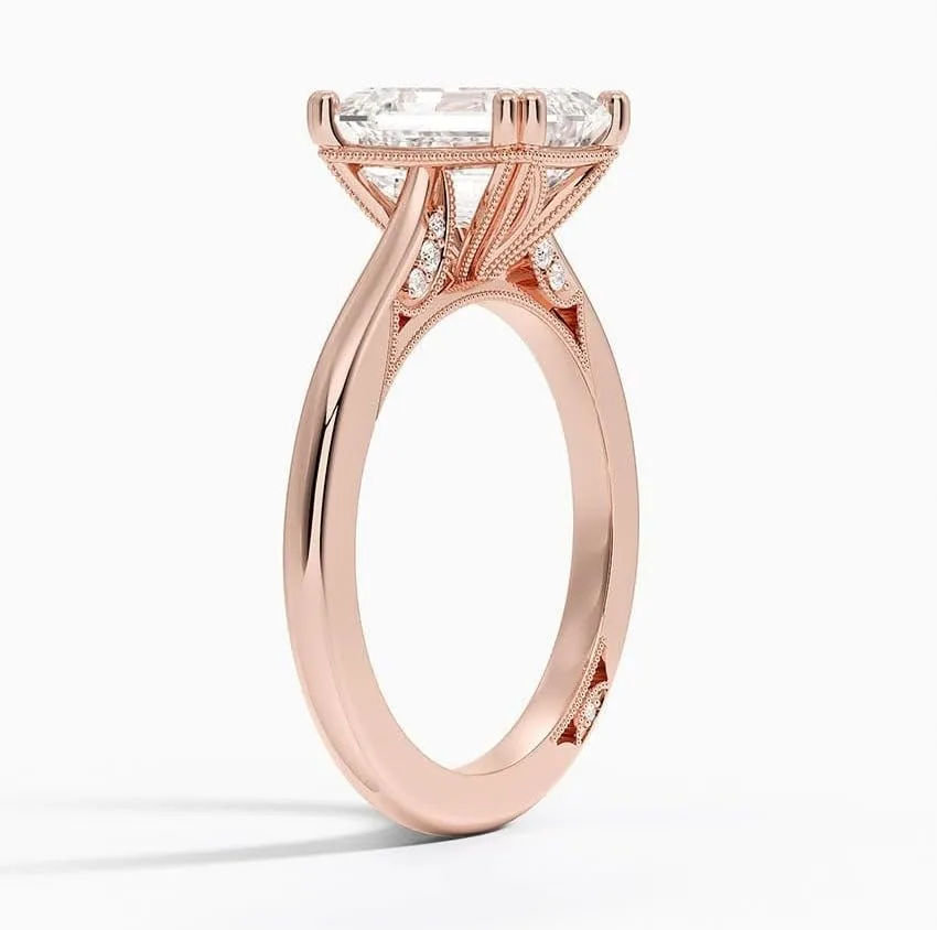 2 CT Emerald Cut Cathedral Crown Moissanite Engagement Ring, Handmade Wedding Ring, Milgrain Tacori Promise Ring, Christmas Gift For Her In 10K/14K/18K Solid Gold & 925 Sterling Silver