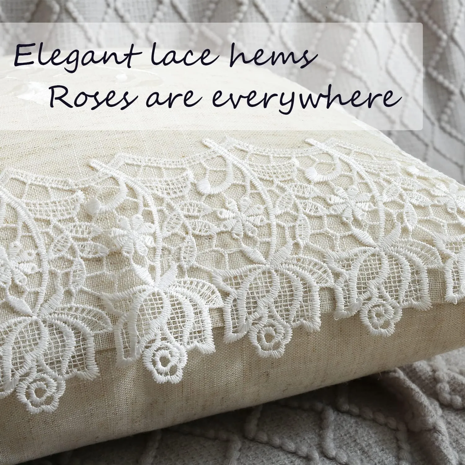 2 Pack Embroidered Spring Floral Throw Pillow Cover 18x18 inches, Farmhouse Off White Rose Lace Linen Blended Pillow Shams, Decorative (White Rose, Linen Blended)
