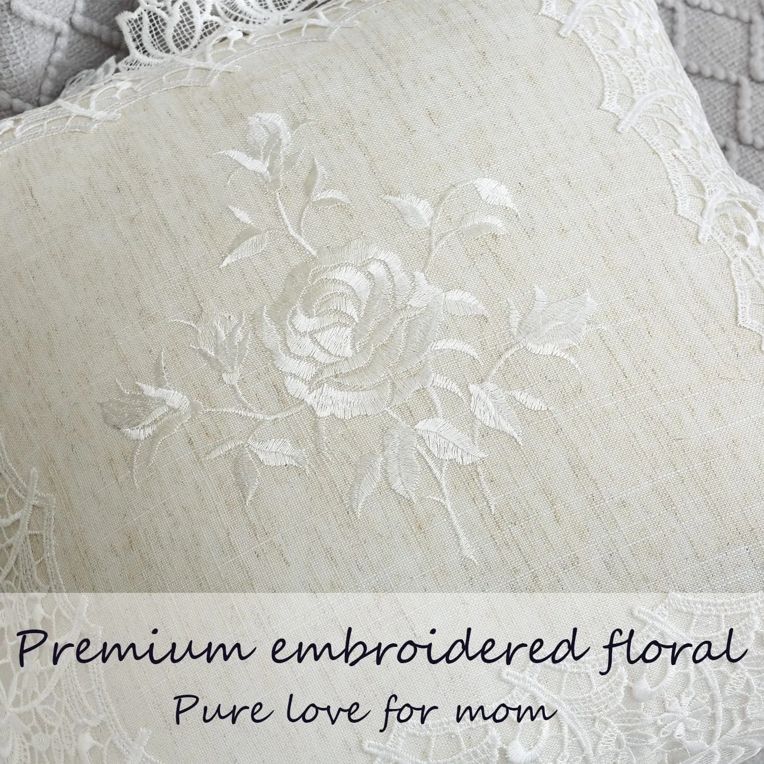 2 Pack Embroidered Spring Floral Throw Pillow Cover 18x18 inches, Farmhouse Off White Rose Lace Linen Blended Pillow Shams, Decorative (White Rose, Linen Blended)