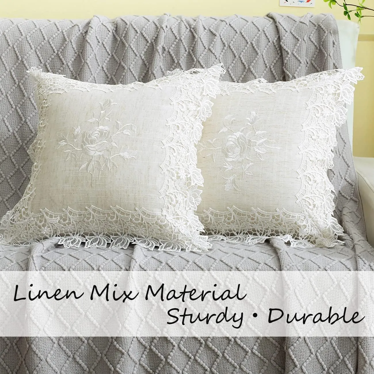 2 Pack Embroidered Spring Floral Throw Pillow Cover 18x18 inches, Farmhouse Off White Rose Lace Linen Blended Pillow Shams, Decorative (White Rose, Linen Blended)