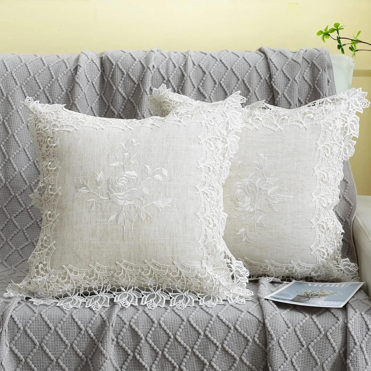 2 Pack Embroidered Spring Floral Throw Pillow Cover 18x18 inches, Farmhouse Off White Rose Lace Linen Blended Pillow Shams, Decorative (White Rose, Linen Blended)