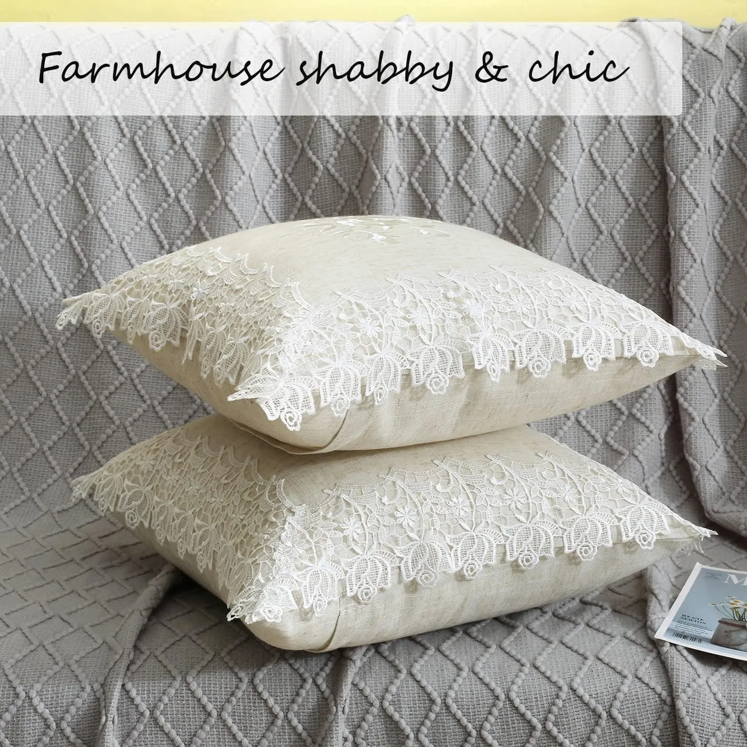 2 Pack Embroidered Spring Floral Throw Pillow Cover 18x18 inches, Farmhouse Off White Rose Lace Linen Blended Pillow Shams, Decorative (White Rose, Linen Blended)