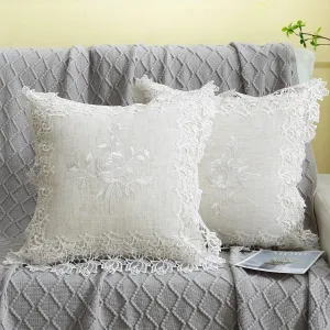 2 Pack Embroidered Spring Floral Throw Pillow Cover 18x18 inches, Farmhouse Off White Rose Lace Linen Blended Pillow Shams, Decorative (White Rose, Linen Blended)