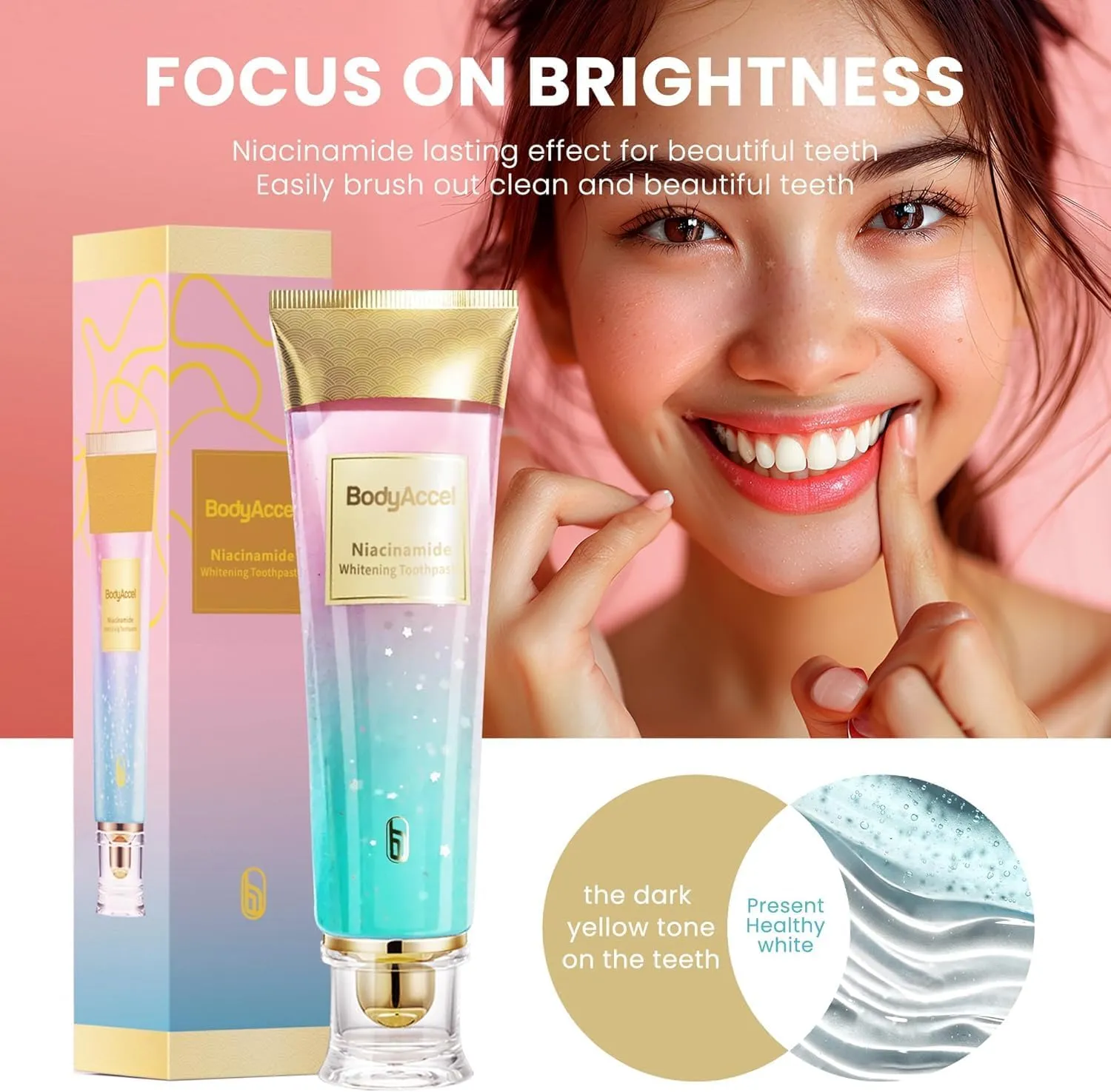 2 Pack Niacinamide Whitening Toothpaste, BodyAccel Triple Whitening Niacinamide Toothpaste, Brightens and Whitens Teeth, Stain Removal Natural Gentle, Fresh Breath