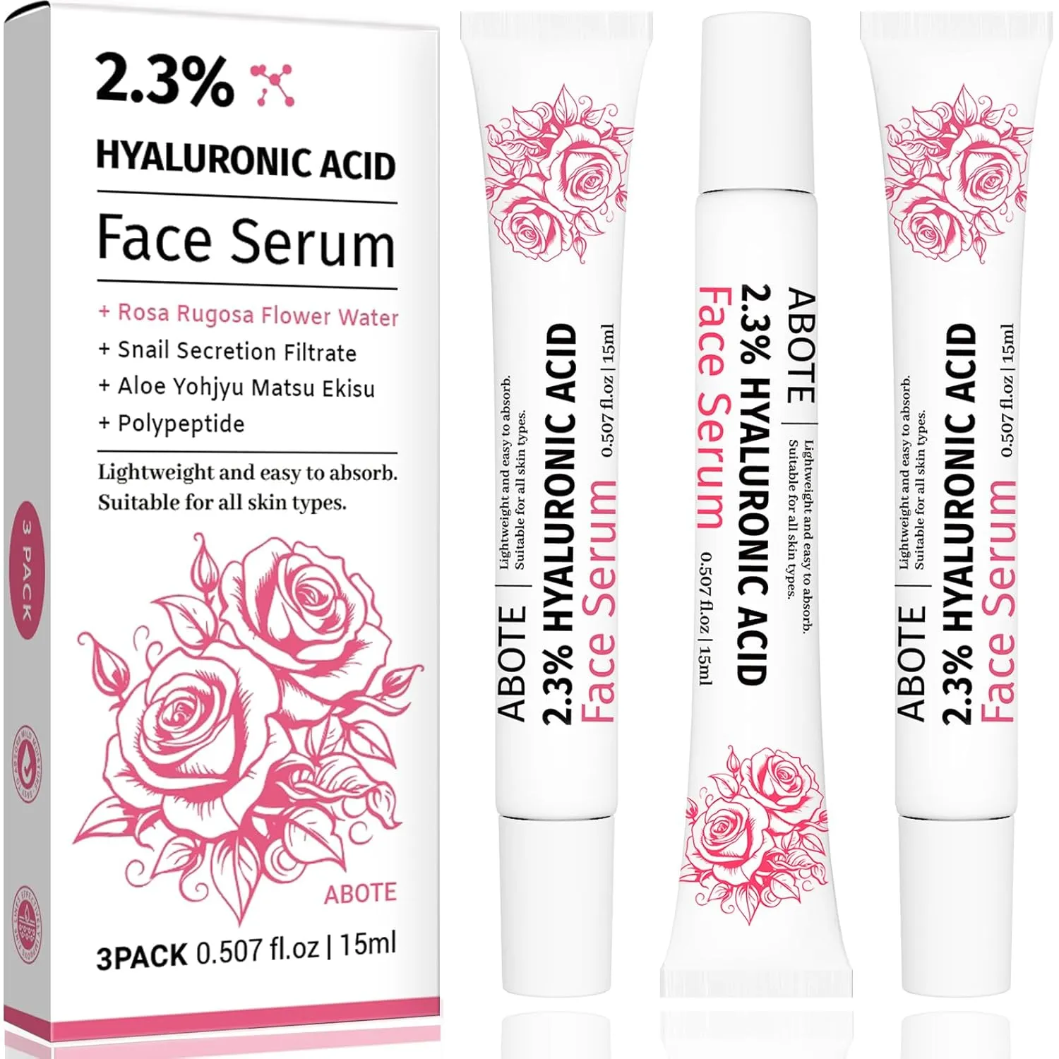 2.3% Hyaluronic Acid Serum for Face with 5% Rosa Rugosa Flower Water Deep Moisturizing Anti-Wrinkle (3Pack-Each 0.507 fl.oz | 15ml)