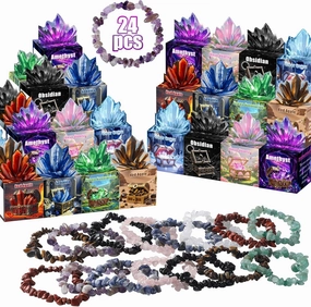 24 Healing Crystal Bracelets with Treasure Box Cards - 8 Color Gemstone Beads Set, 24 Nano Glue & Gift Bags, Friendship Jewelry Gifts for Women Teens (Birthday/Valentine’s Day)