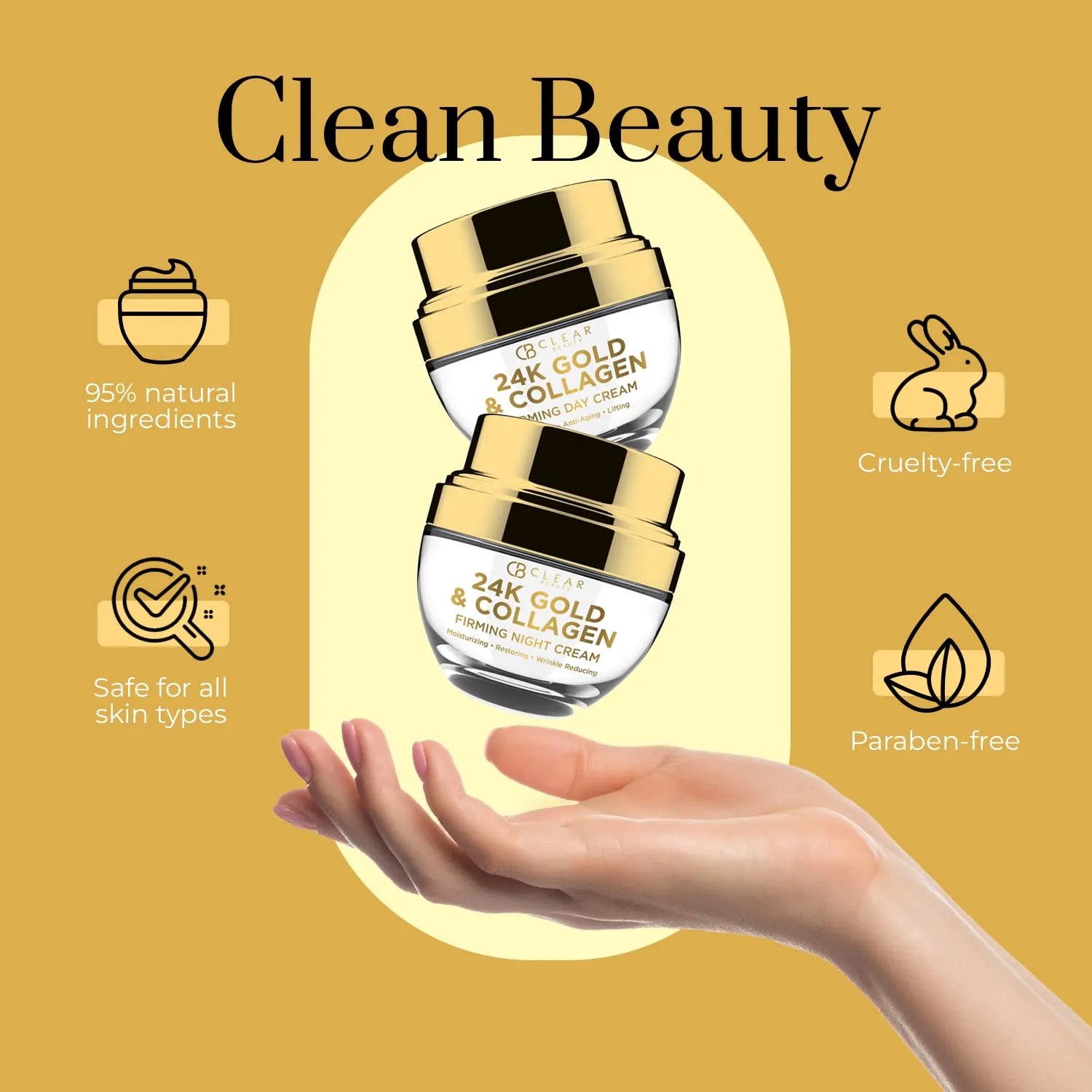 24K Gold & Collagen Day/Night Moisturizer Set - Dermatologist Tested, Hydrating, Anti-Aging Cream, Natural Ingredients, Cruelty Free Korean Skin Care, All Skin Types - Value Pack