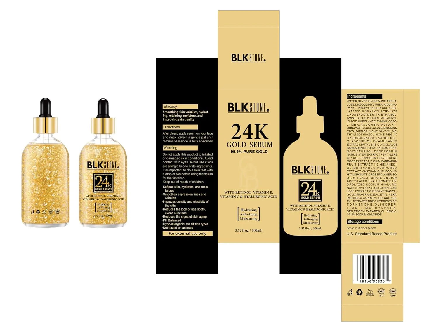 24K Gold Serum for Face, Anti aging, Skin Brightening, Anti-wrinkle serum with Vitamin E, Retinol, Hyaluronic Acid, Vitamin C & Castor oil, Skin Care Glow Serum 100mL