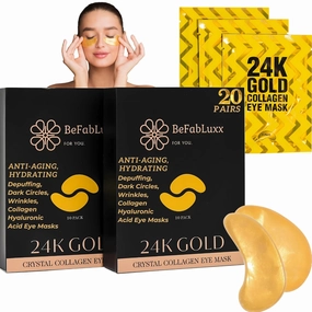 24K Gold Under Eye Patches (20 Pairs) Anti-Aging, Hydrating, Depuffing, Dark Circles, Wrinkles, Collagen & Hyaluronic Acid Eye Masks,Eye Gels Pads, Undereye Bags, Gift, Natural Cruelty-Free