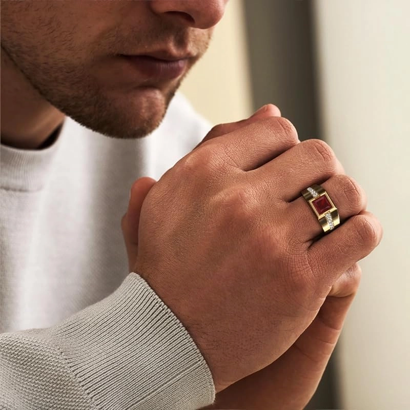 2.0ct Princess Cut Gemstone Rings for Men in Silver or 10K/14K/18K Solid Gold Black Onyx Ruby CZ Rings Wedding Band Promise Rings White Gold/Yellow Gold
