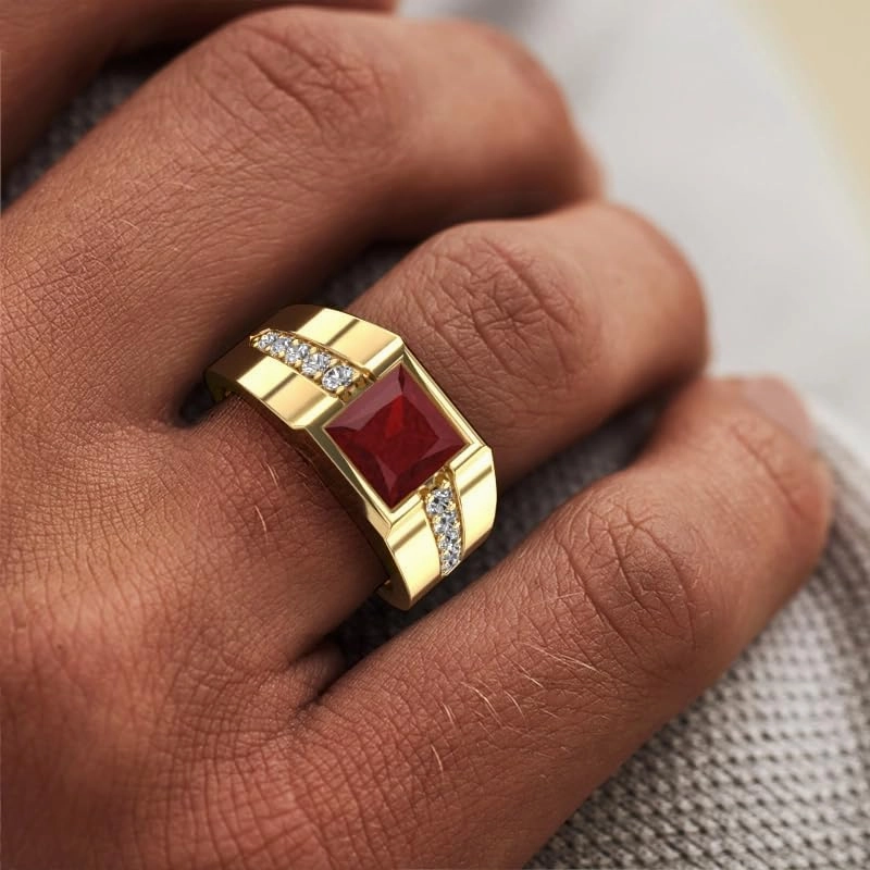 2.0ct Princess Cut Gemstone Rings for Men in Silver or 10K/14K/18K Solid Gold Black Onyx Ruby CZ Rings Wedding Band Promise Rings White Gold/Yellow Gold