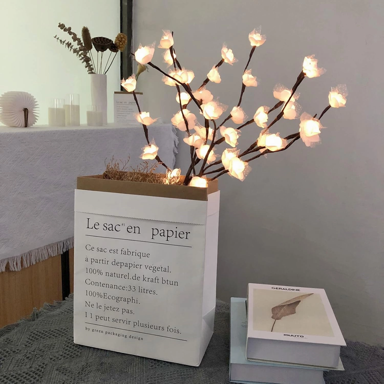2 Pack Artificial Rose Led Flower Branch Decor, 20 Lighted Lace Rose Bouquet Tree Twig Lamp for Home Christmas Party Wedding Birthday Indoor Decor (White Rose)