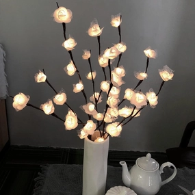 2 Pack Artificial Rose Led Flower Branch Decor, 20 Lighted Lace Rose Bouquet Tree Twig Lamp for Home Christmas Party Wedding Birthday Indoor Decor (White Rose)