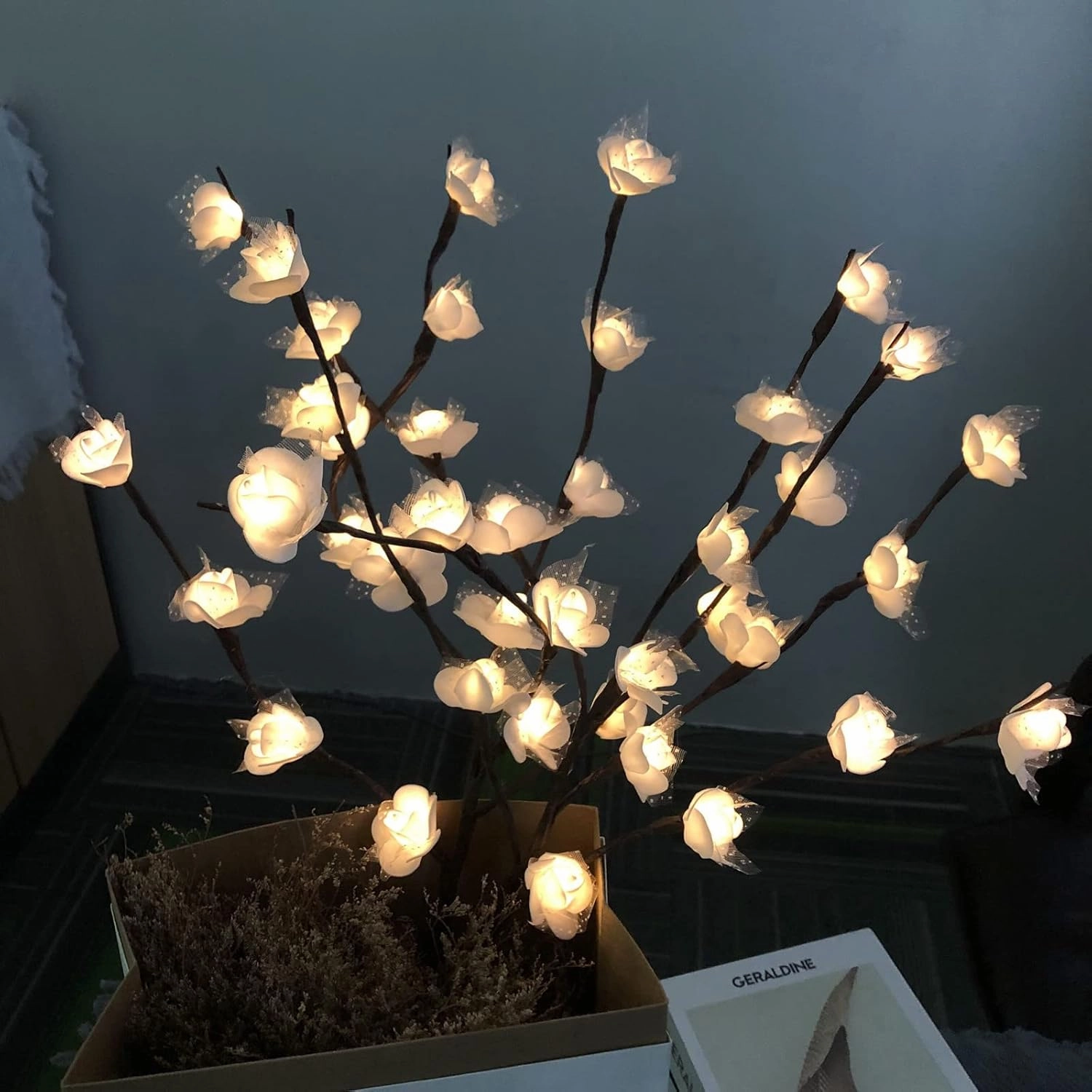 2 Pack Artificial Rose Led Flower Branch Decor, 20 Lighted Lace Rose Bouquet Tree Twig Lamp for Home Christmas Party Wedding Birthday Indoor Decor (White Rose)
