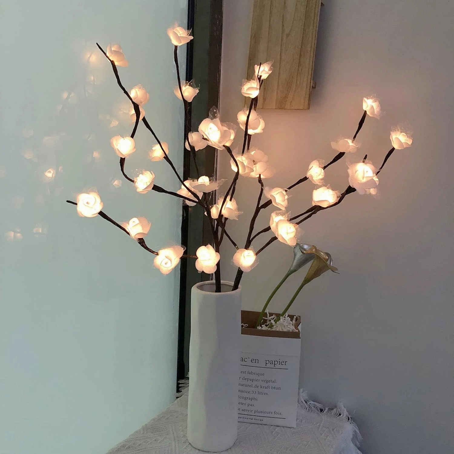 2 Pack Artificial Rose Led Flower Branch Decor, 20 Lighted Lace Rose Bouquet Tree Twig Lamp for Home Christmas Party Wedding Birthday Indoor Decor (White Rose)