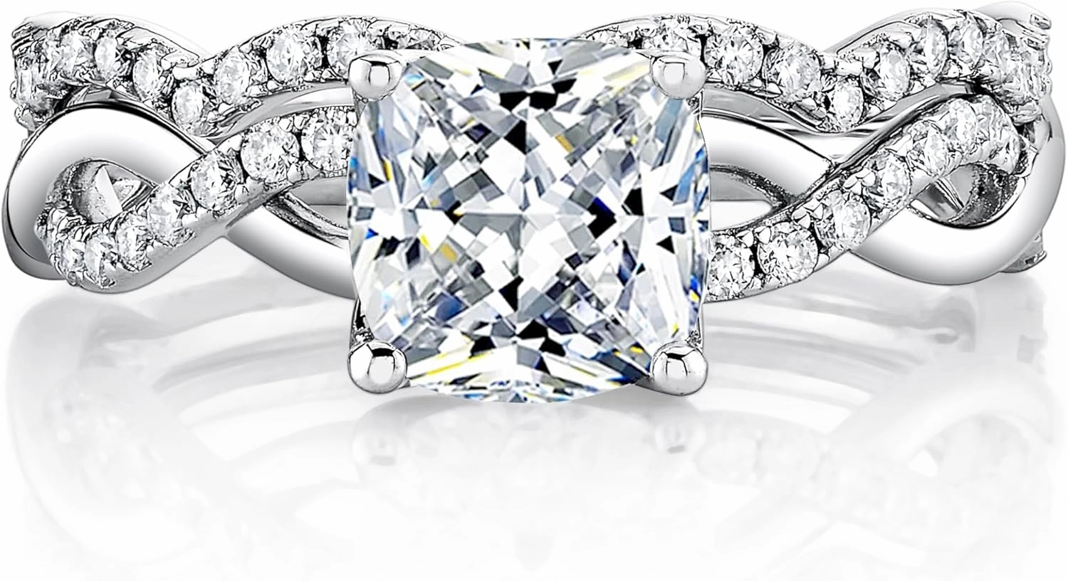 2Ct. Cushion Cut Moissanite Engagement Bridal Set Tulip Basket Setting Contoured Infinity Twist Wedding 18K White Gold Over Silver