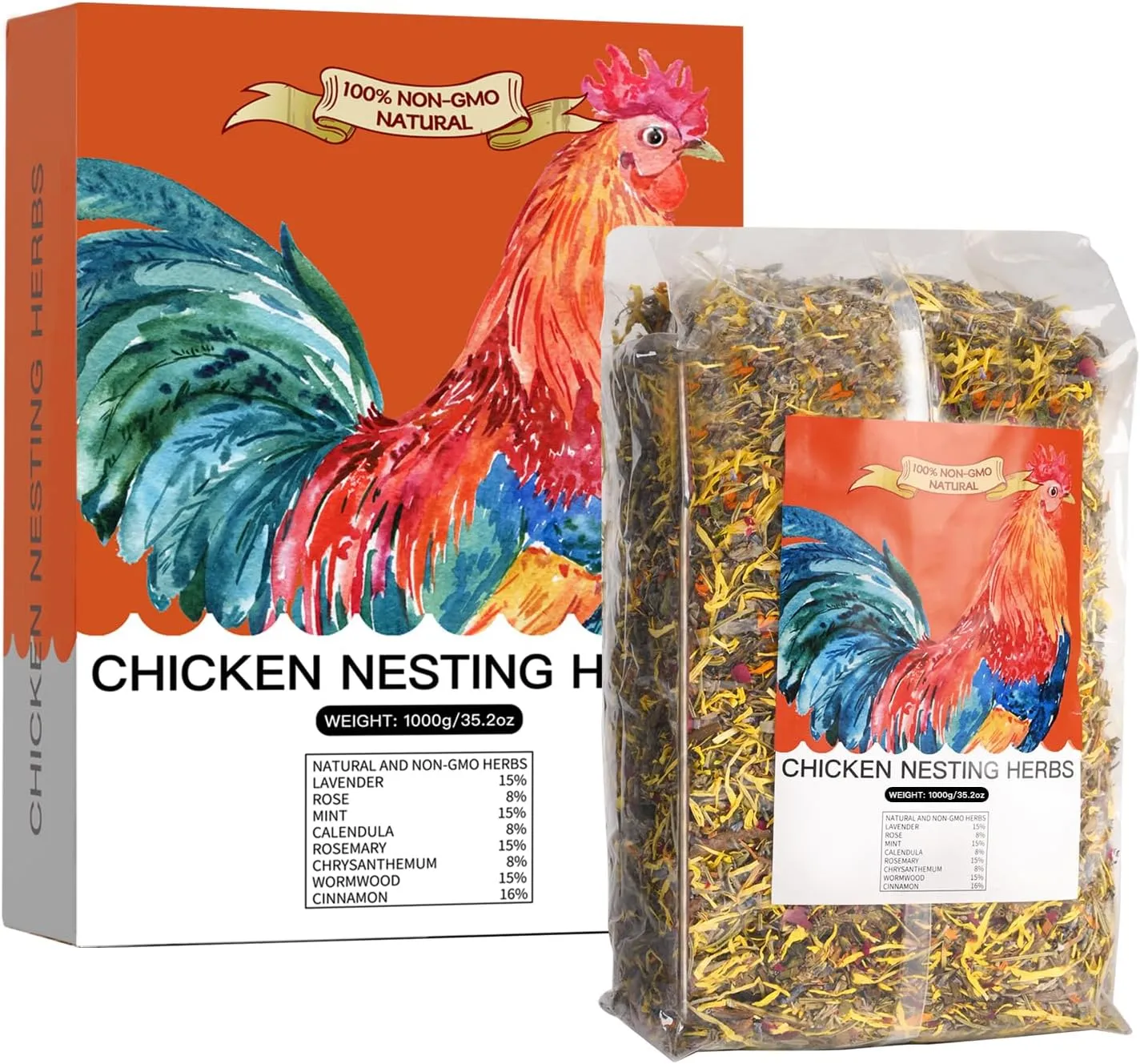 35 Oz Chicken Nesting Herbs Flowers Coop Refresher 2.2lb Premixed 8 Dried Herbs Natural Nesting Box Herbs for Chicken Coop Freshness Promote Egg Laying Help Coop Smell Box Packaging