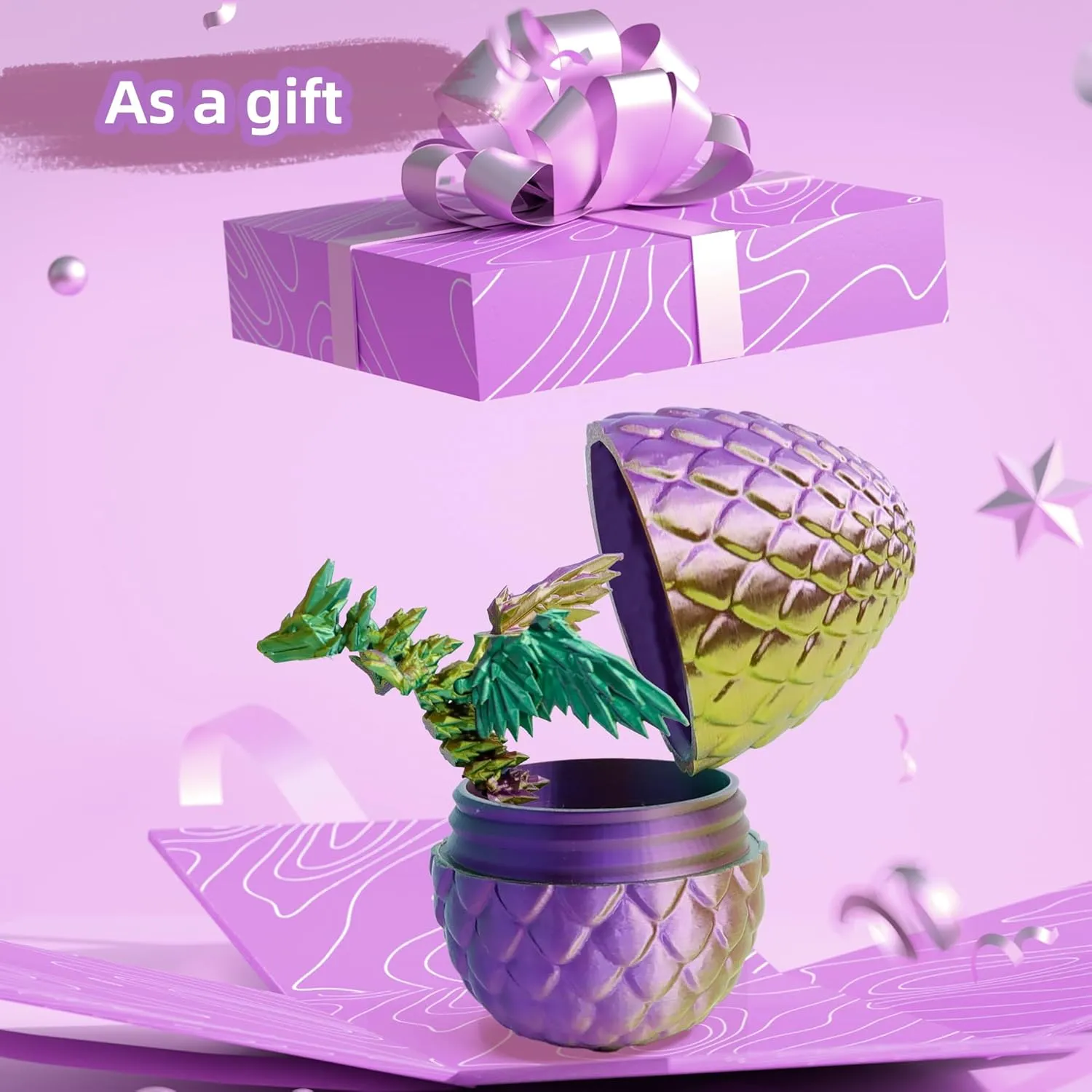 3D Printed Flying Dragon in Egg - Tricolor Egg with 9" Flexible Winged Dragon Inside, Colorful Fidget Toy, Birthday Gift, Desk Pet Figure (Gold Green Purple)