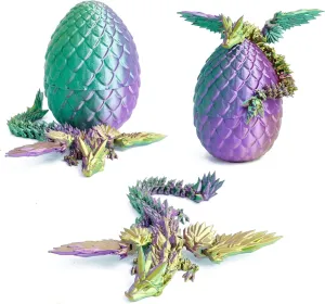 3D Printed Flying Dragon in Egg - Tricolor Egg with 9" Flexible Winged Dragon Inside, Colorful Fidget Toy, Birthday Gift, Desk Pet Figure (Gold Green Purple)