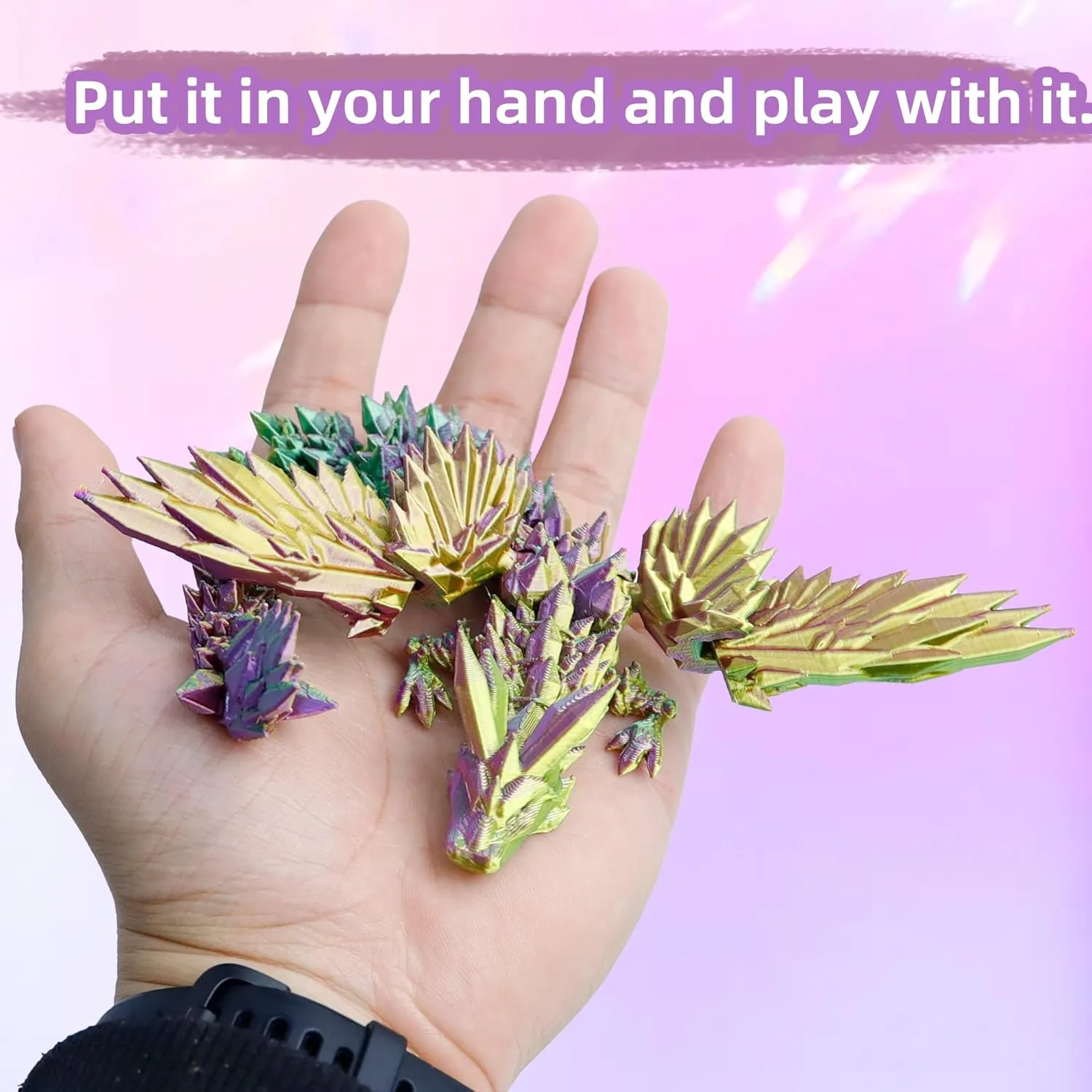 3D Printed Flying Dragon in Egg - Tricolor Egg with 9" Flexible Winged Dragon Inside, Colorful Fidget Toy, Birthday Gift, Desk Pet Figure (Gold Green Purple)