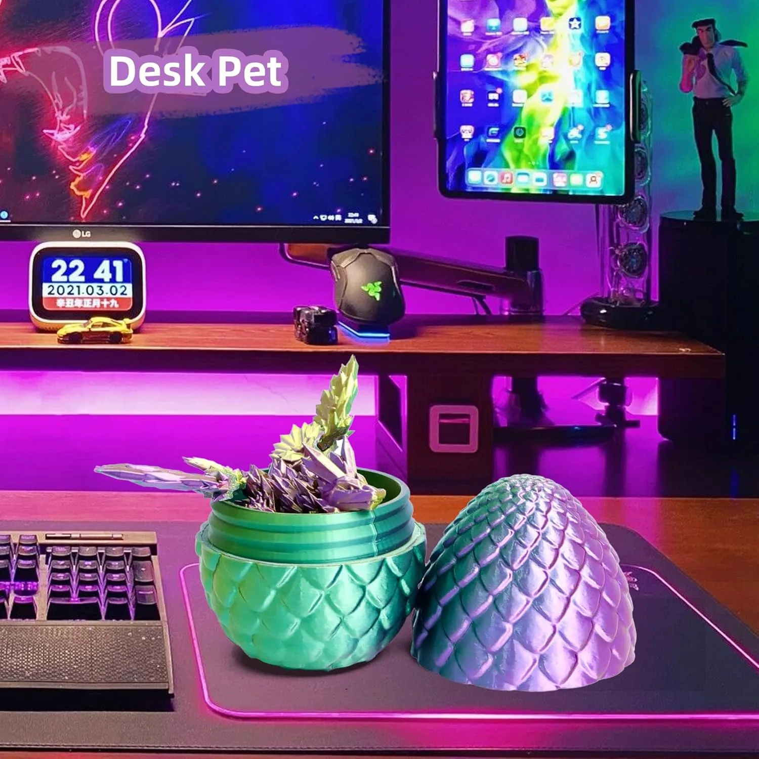3D Printed Flying Dragon in Egg - Tricolor Egg with 9" Flexible Winged Dragon Inside, Colorful Fidget Toy, Birthday Gift, Desk Pet Figure (Gold Green Purple)