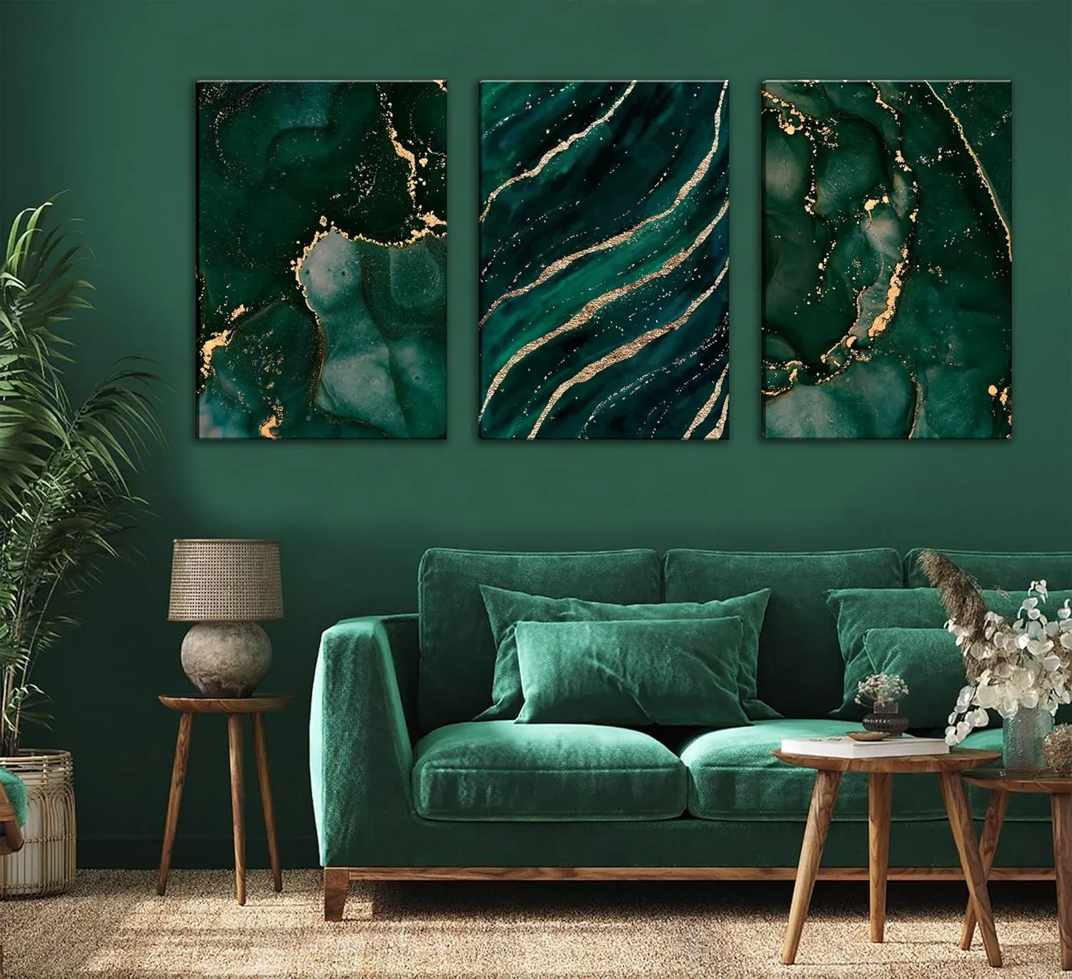 3Pcs Green and Gold Abstract Marble Wall Art Gold Foil Poster Emerald Green Dark Green Canvas Wall Art Modern Abstract neutral for Living Room Pictures for Bedroom Office Dining Room Wall Decoration
