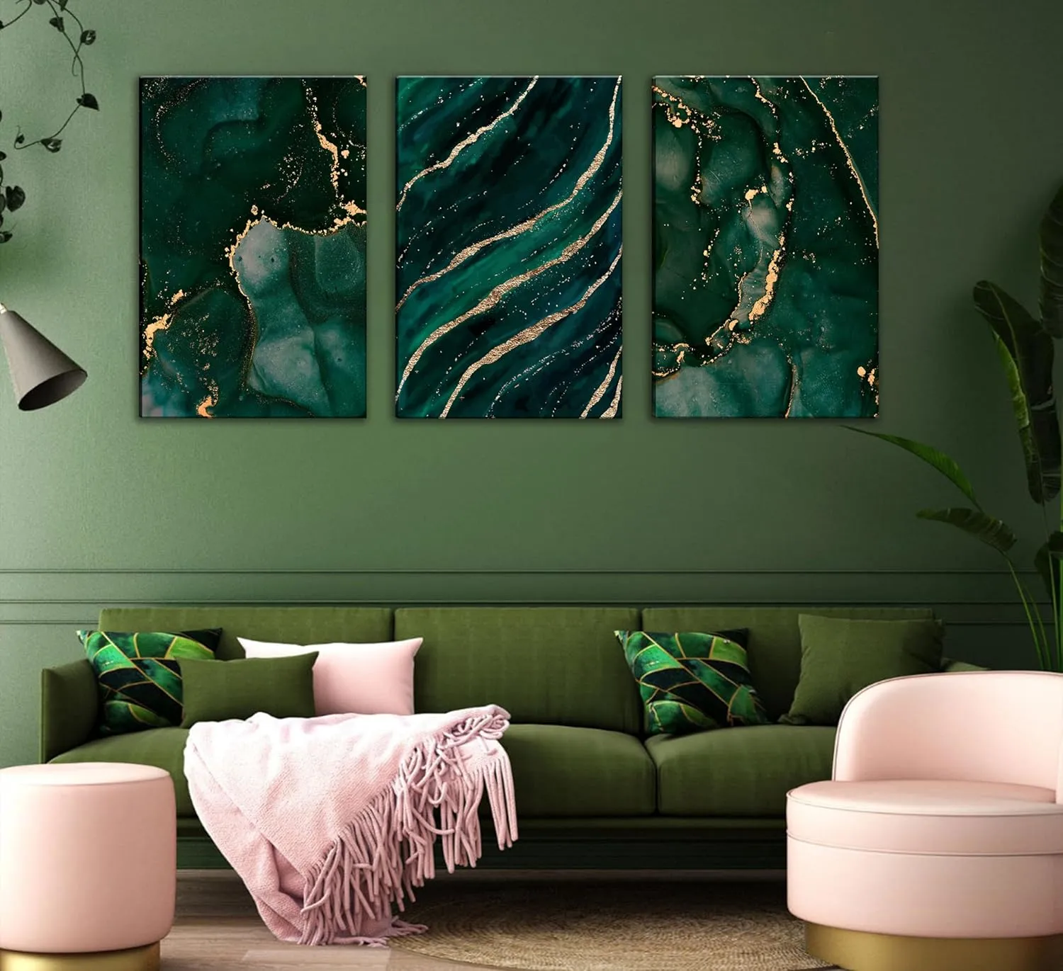 3Pcs Green and Gold Abstract Marble Wall Art Gold Foil Poster Emerald Green Dark Green Canvas Wall Art Modern Abstract neutral for Living Room Pictures for Bedroom Office Dining Room Wall Decoration