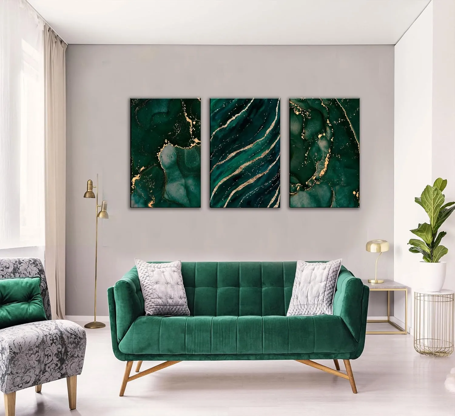 3Pcs Green and Gold Abstract Marble Wall Art Gold Foil Poster Emerald Green Dark Green Canvas Wall Art Modern Abstract neutral for Living Room Pictures for Bedroom Office Dining Room Wall Decoration