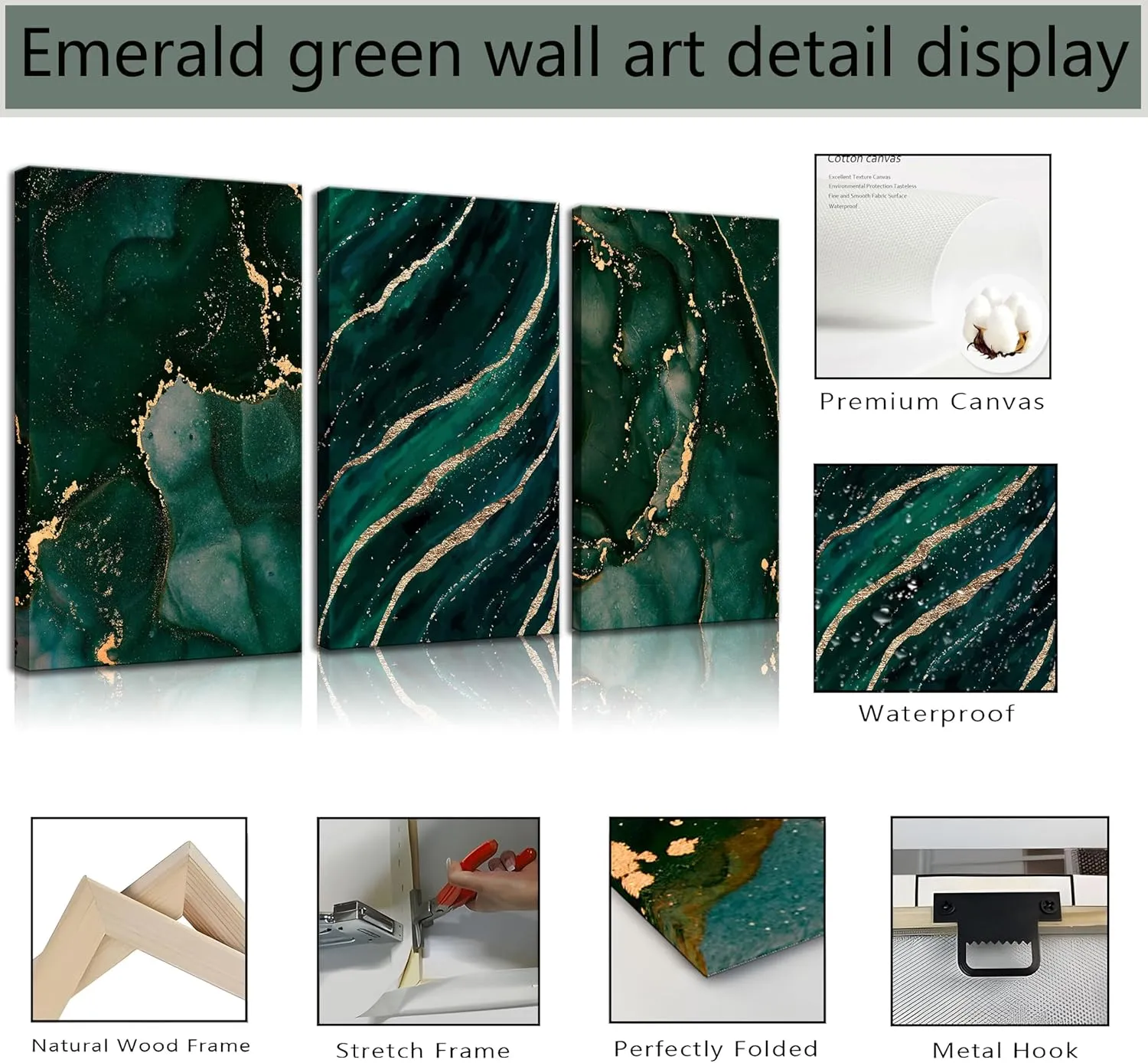 3Pcs Green and Gold Abstract Marble Wall Art Gold Foil Poster Emerald Green Dark Green Canvas Wall Art Modern Abstract neutral for Living Room Pictures for Bedroom Office Dining Room Wall Decoration