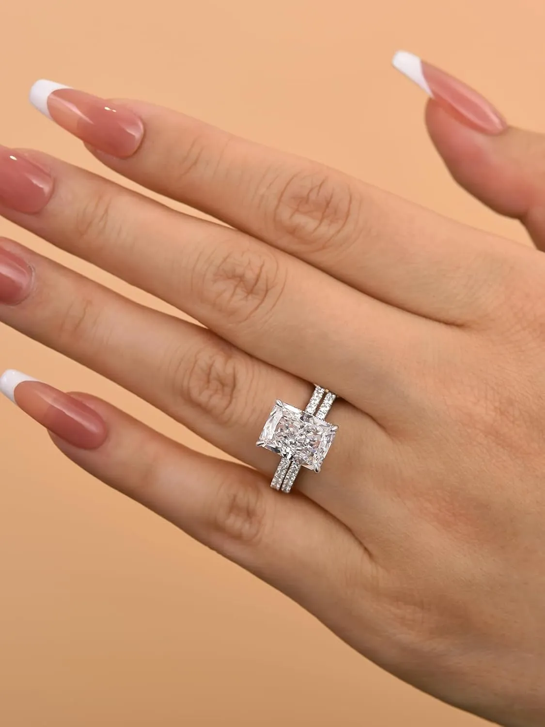 4.0ct Radiant Cut Engagement Ring Set,Rectangle Crushed Ice D Color 925 Sterling Silver Bridal Ring Set with Half Eternity Wedding Band