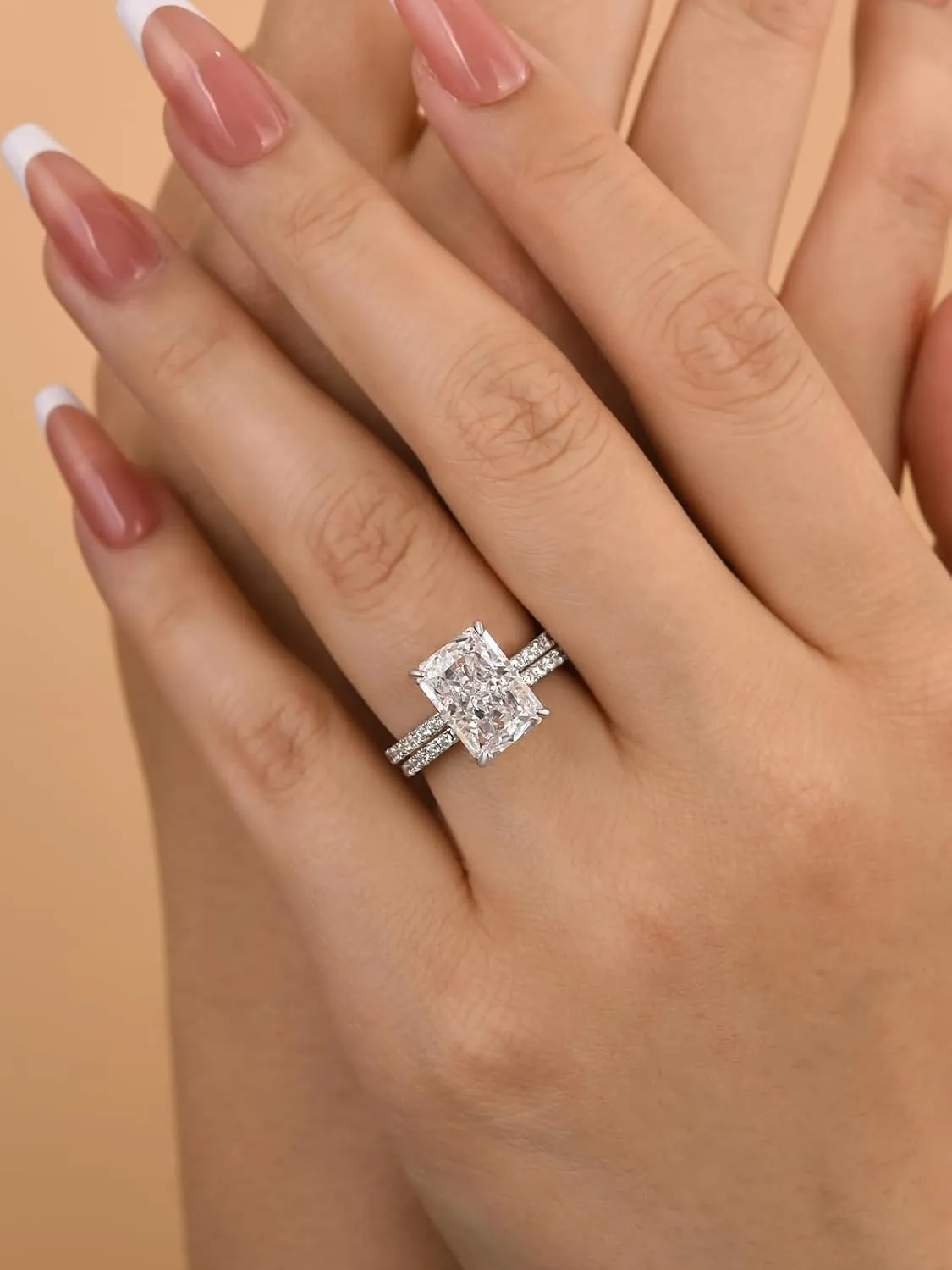 4.0ct Radiant Cut Engagement Ring Set,Rectangle Crushed Ice D Color 925 Sterling Silver Bridal Ring Set with Half Eternity Wedding Band