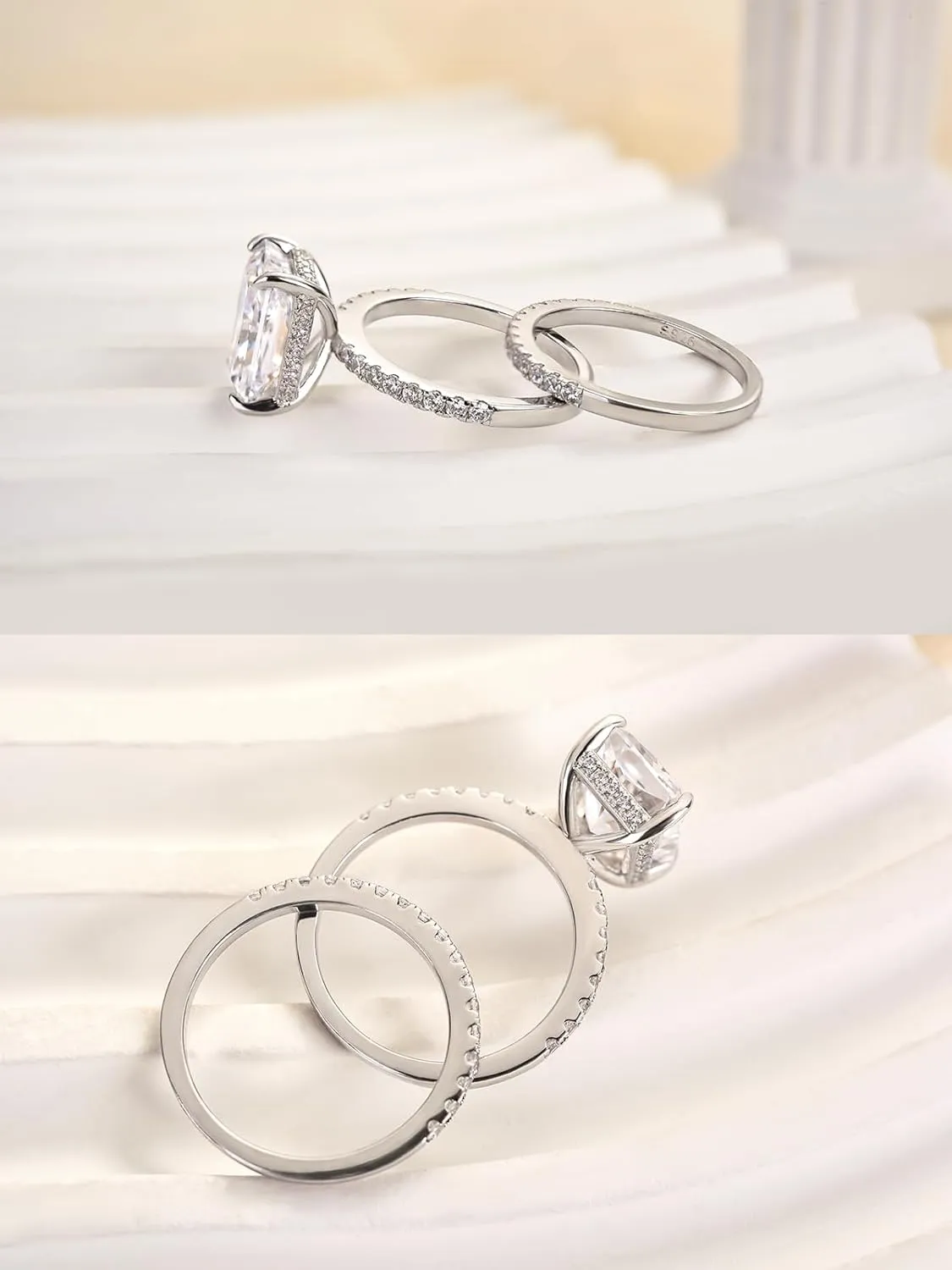 4.0ct Radiant Cut Engagement Ring Set,Rectangle Crushed Ice D Color 925 Sterling Silver Bridal Ring Set with Half Eternity Wedding Band