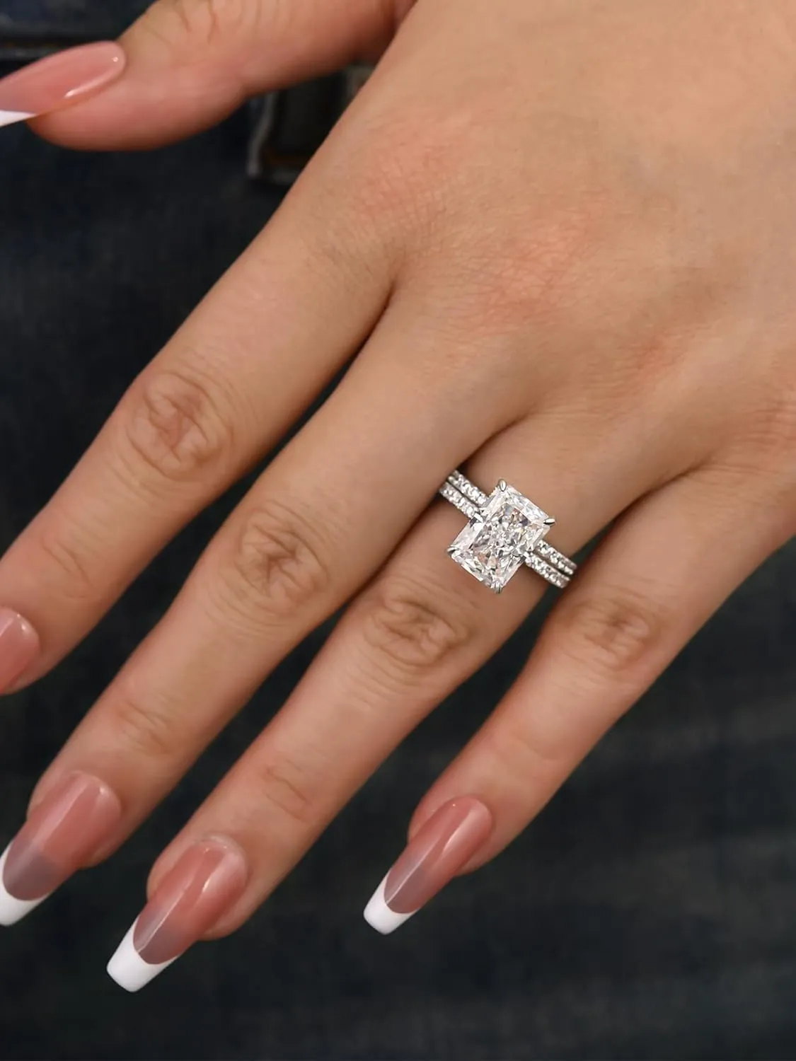 4.0ct Radiant Cut Engagement Ring Set,Rectangle Crushed Ice D Color 925 Sterling Silver Bridal Ring Set with Half Eternity Wedding Band