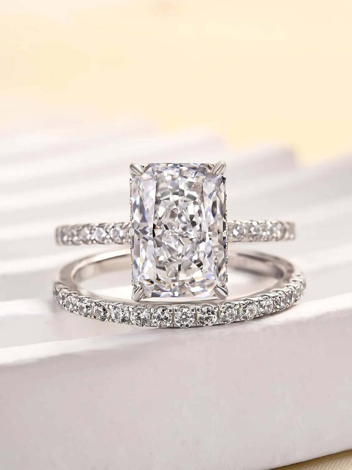 4.0ct Radiant Cut Engagement Ring Set,Rectangle Crushed Ice D Color 925 Sterling Silver Bridal Ring Set with Half Eternity Wedding Band