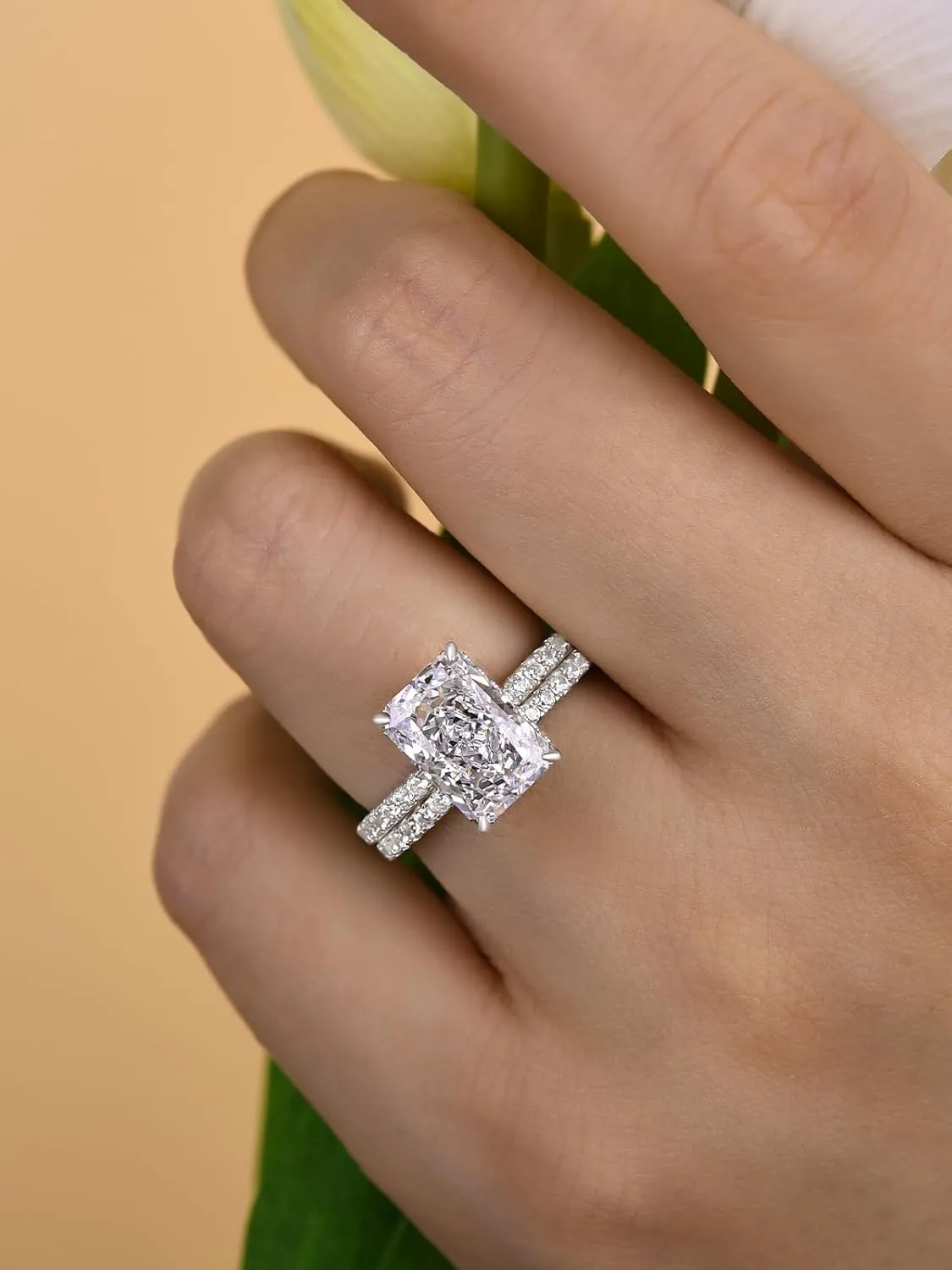 4.0ct Radiant Cut Engagement Ring Set,Rectangle Crushed Ice D Color 925 Sterling Silver Bridal Ring Set with Half Eternity Wedding Band